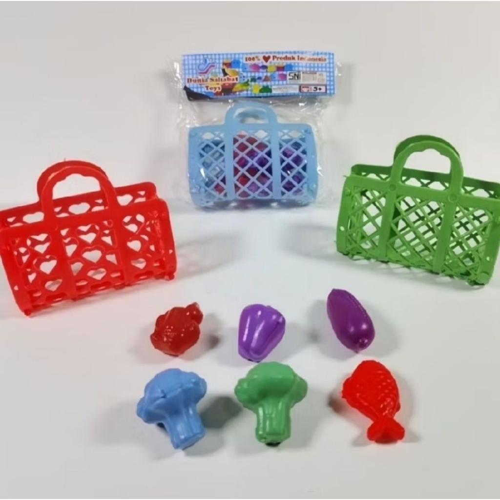 Mainan Anak Tas Keranjang Belanja Lipat Mini Isi 10 pcs - Pasar Pasaran Buah Sayur Grosir