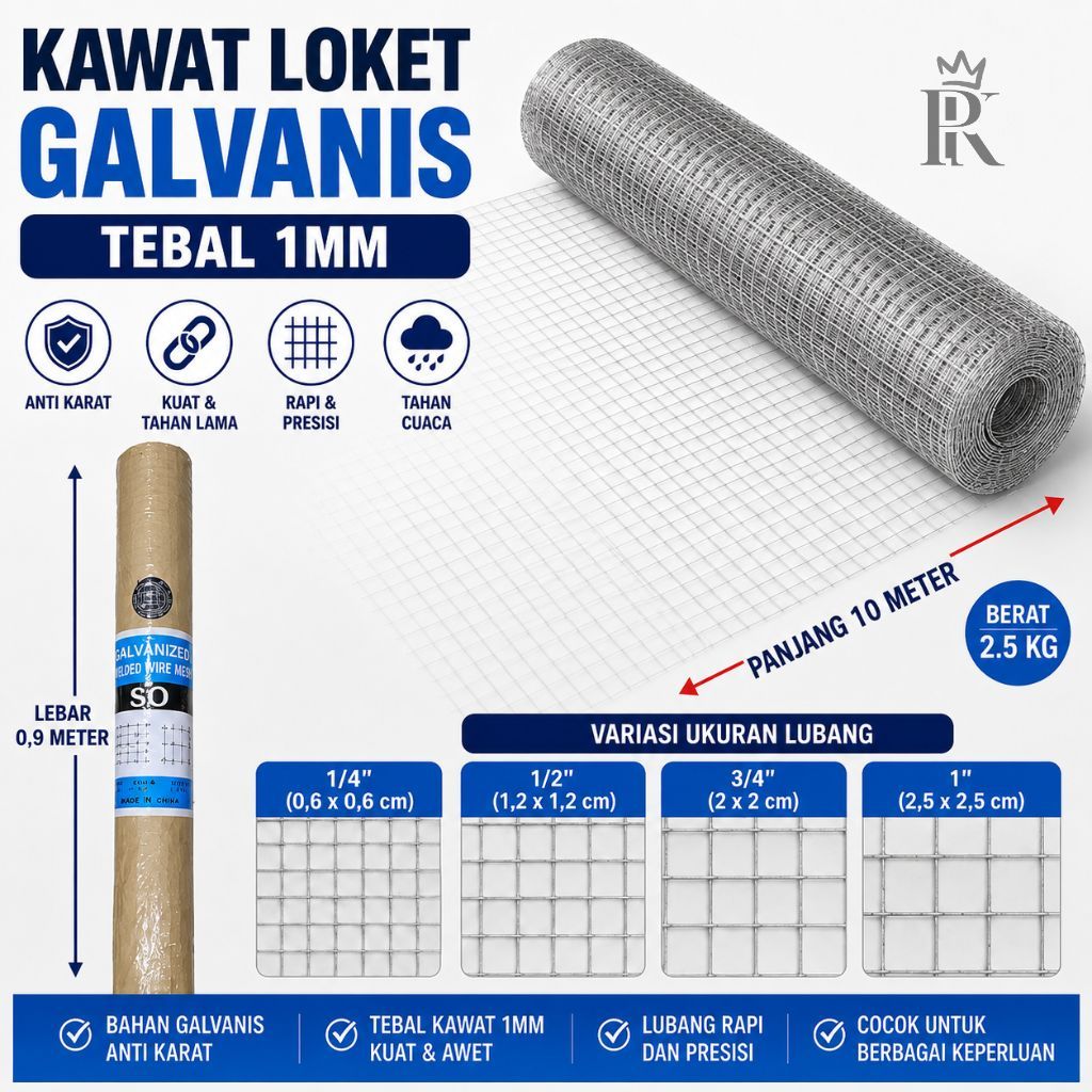 Kawat Loket Galvanis Tebal 1mm Anti Karat Ukuran 0,9x10 Meter Lubang 1/4 1/2 3/4 1 Inch t Kawat Kand