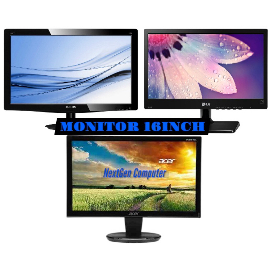 OBRAL MONITOR 16INCH MERK LG,ACER,PHILIPS KOMPLIT KABEL ORI LIKE NEW MURAH SEKALI