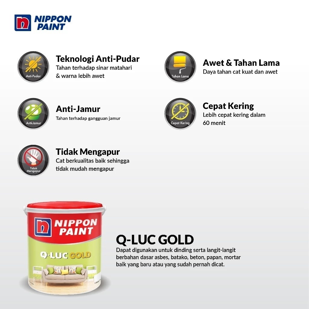 Ecoliving_ Nippon Paint Qluc Gold Cat Tembok Putih 5 Kg - Cat Dinding Interior Rumah Kamar Tahan