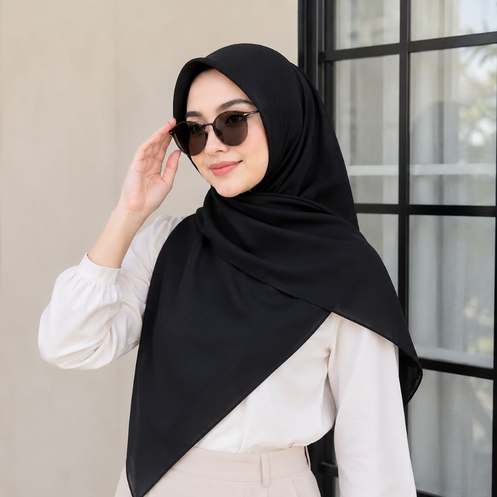 Hijab Paris Premium Hitam Polos Segi Empat | Jilbab Paris Adem & Ringan