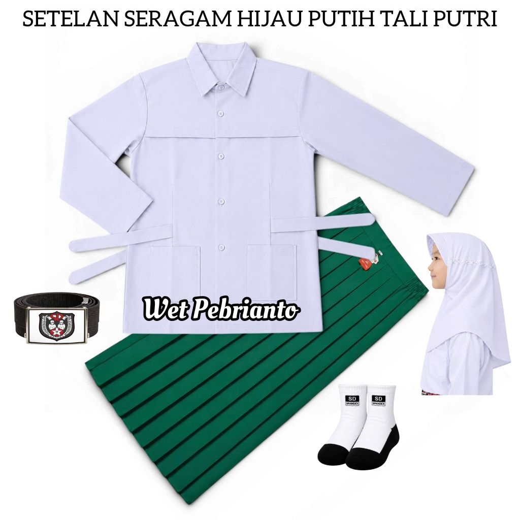 Setelan Seragam Hijau Putih Polos SD/MI Baju Putih Tali Polos Panjang Rok Hijau Panjang
