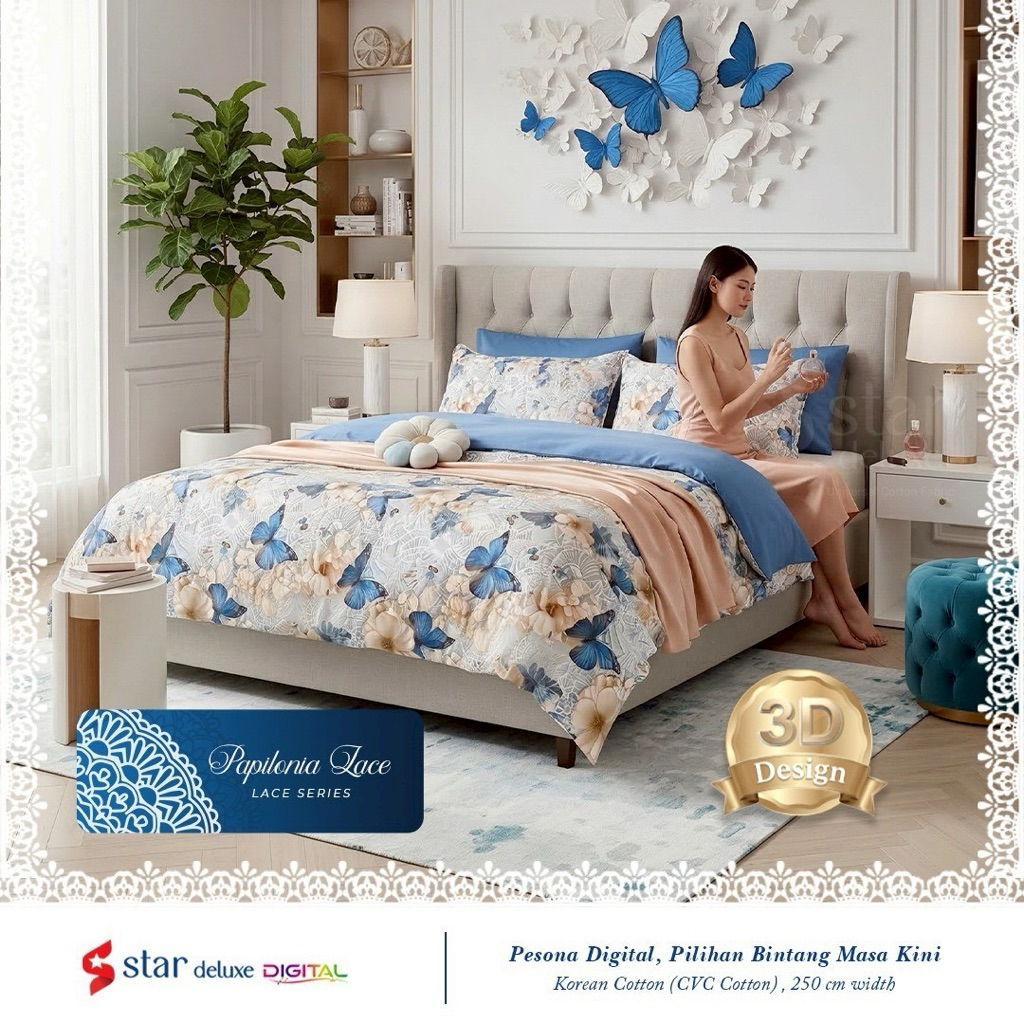Seprai 3D katun CVC star collection motif papilonia lace (asyha)