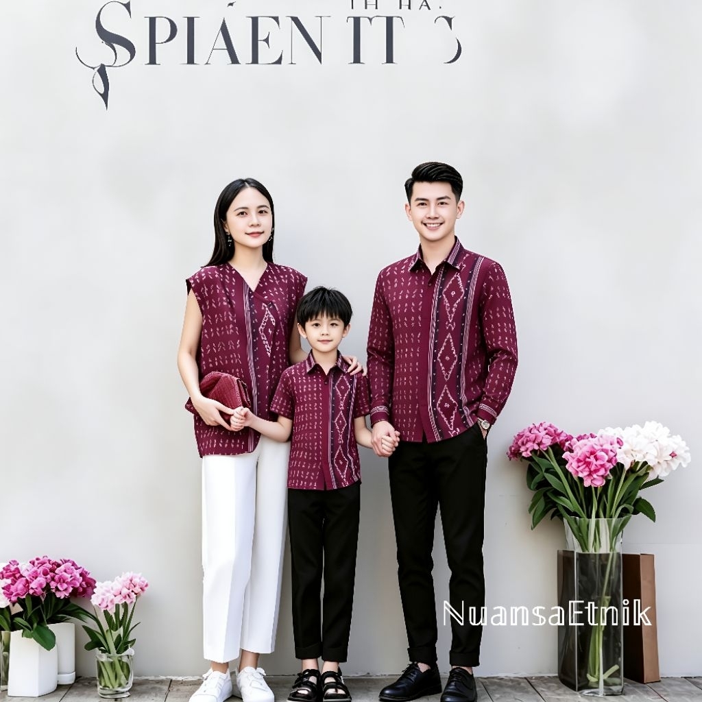 Set Couple Keluarga_Kemeja Batik Tenun & Rompi Wanita Yura Vest Tenun Etnik & Kemeja Batik Tenun Ana