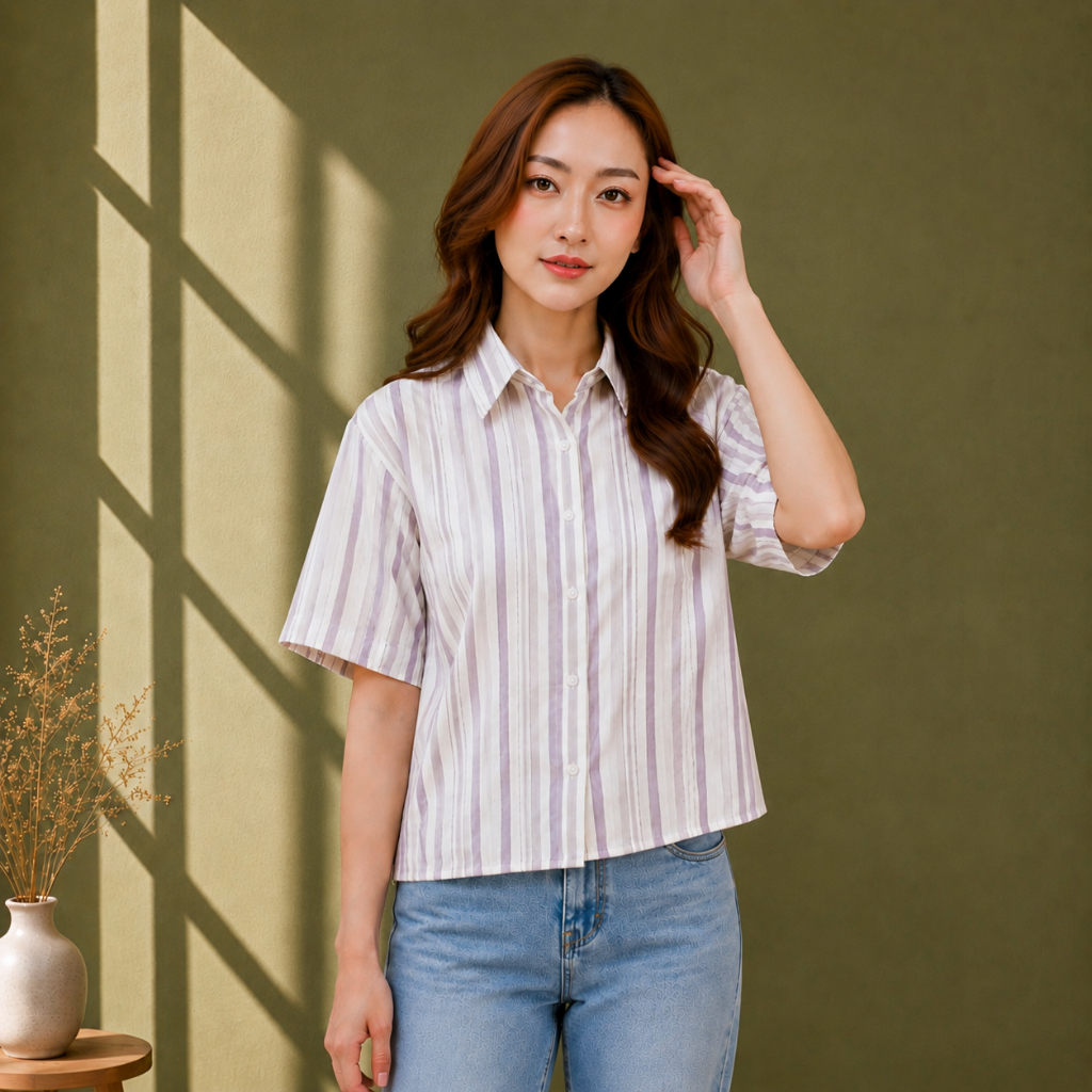 M.E Co Kemeja Stripe Linen Wanita Semi Crop Top Lengan Pendek / Atasan Baju Garis Cewek Casual