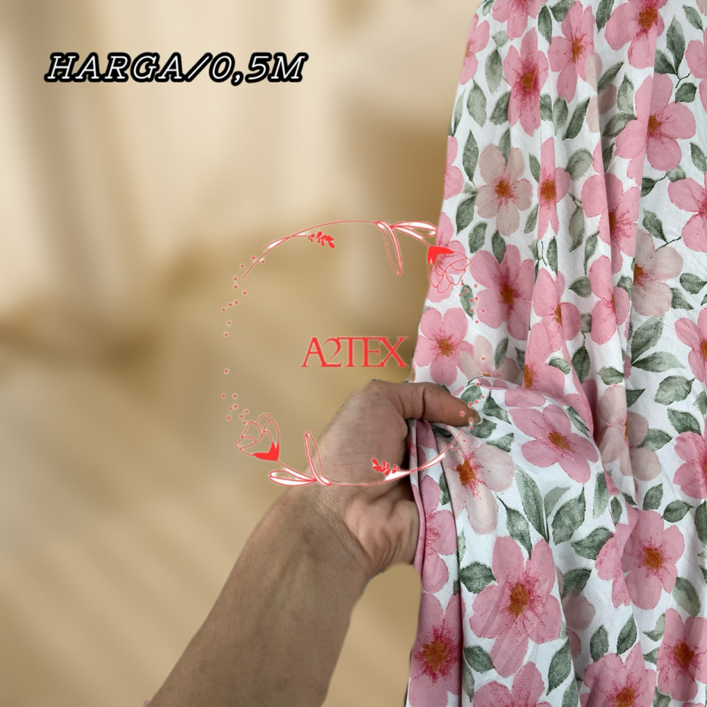 New (Motif Terpopuler) Kain Katun Rayon Viscose Premium Motif Bunga Kecil Sakura Warna Merah Muda Ek