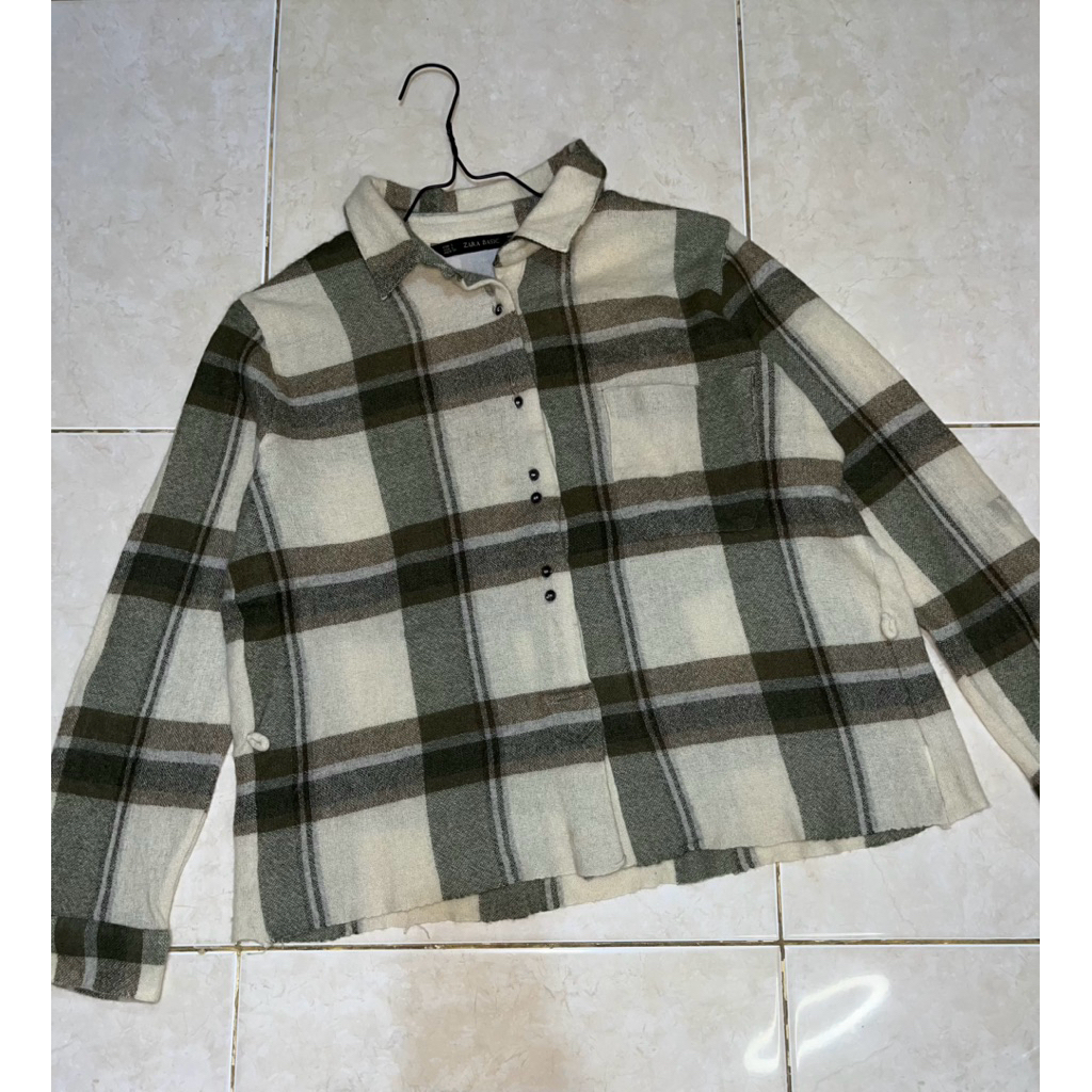 ZARA Basic Plaid Shirt Cream Olive | Size L | Kemeja Flannel Wanita
