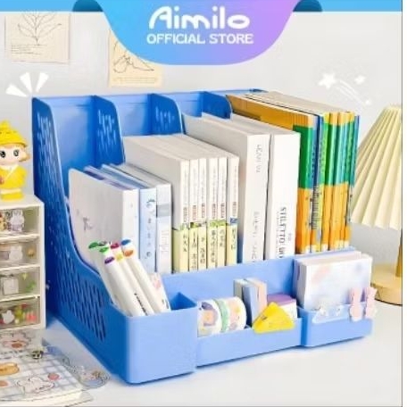 Rak Buku Minimalis Aesthetic - Biru, Plastik Tebal, 4 Sekat, Mudah Dirakit
