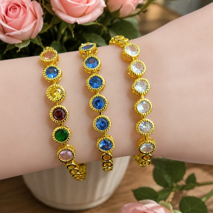 Gelang rantai wanita xuping motif batu batu permata perhiasan imitasi tidak mudah luntur warna gold