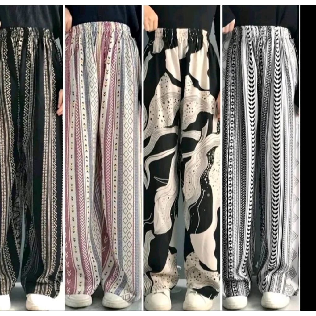 Celana kulot panjang cewek bahan rayon, motif garis-garis, nyaman dipakai adem