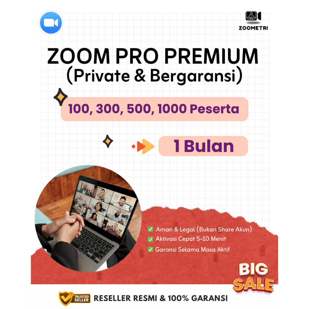Zoom Pro 1 Bulan 100 300 500 1000 Peserta | Zoom Workplace Premium | Unlimited Meeting | Full Garans