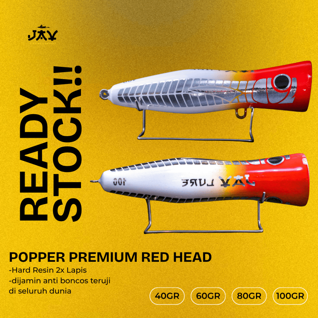 JAV Popper Kayu Handmade Premium RED HEAD Hard Resin 40-100g | Casting GT Tuna Tenggiri Top Water La