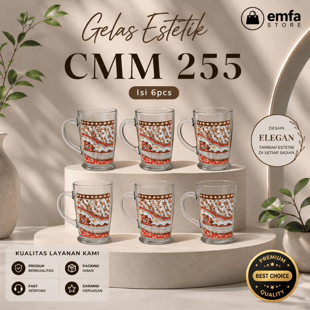 Set 6 in 1 Gelas Estetik CMM 255 Batik – Gelas Kopi & Teh Kaca Tebal
