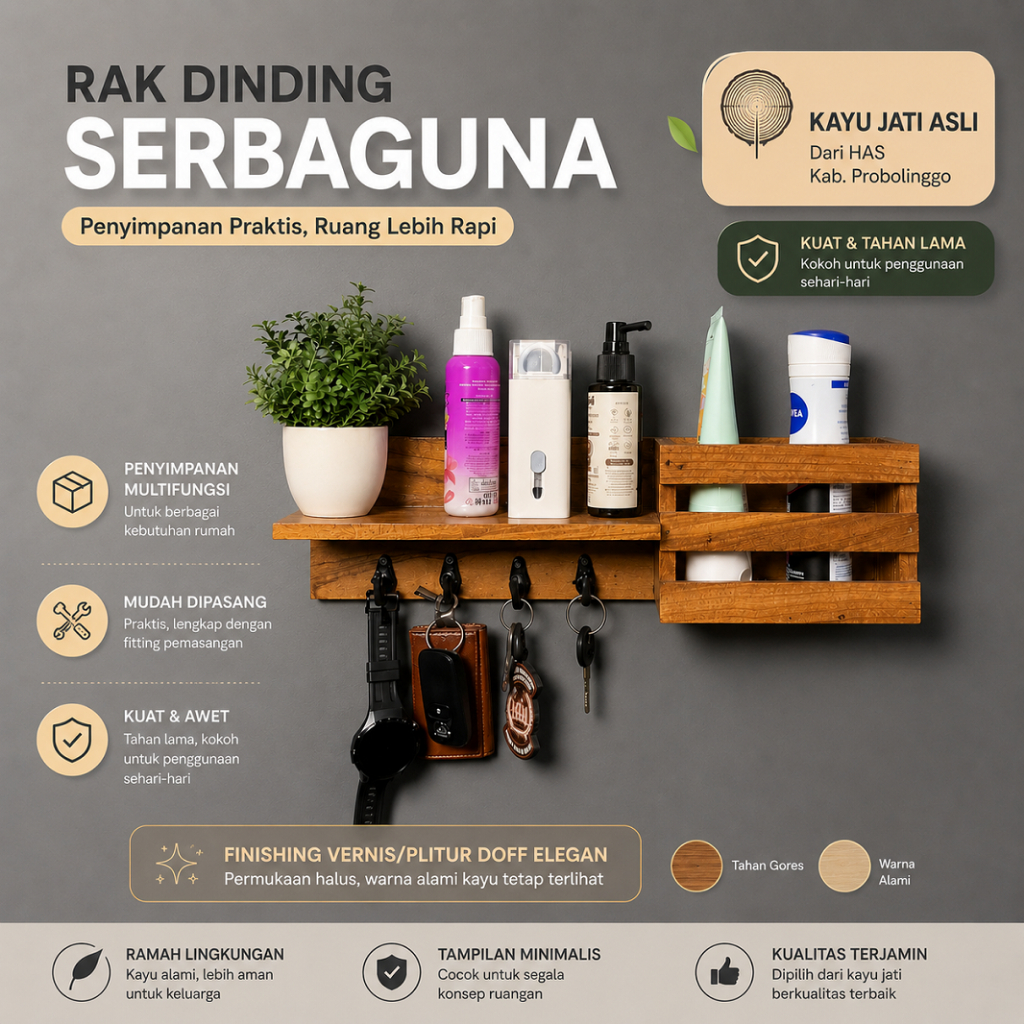 Rak Multifungsi Jati Asli Plitur/Varnis Doff Elegan Handmade | Rak Tempel Kayu Jati Organizer Rumah 