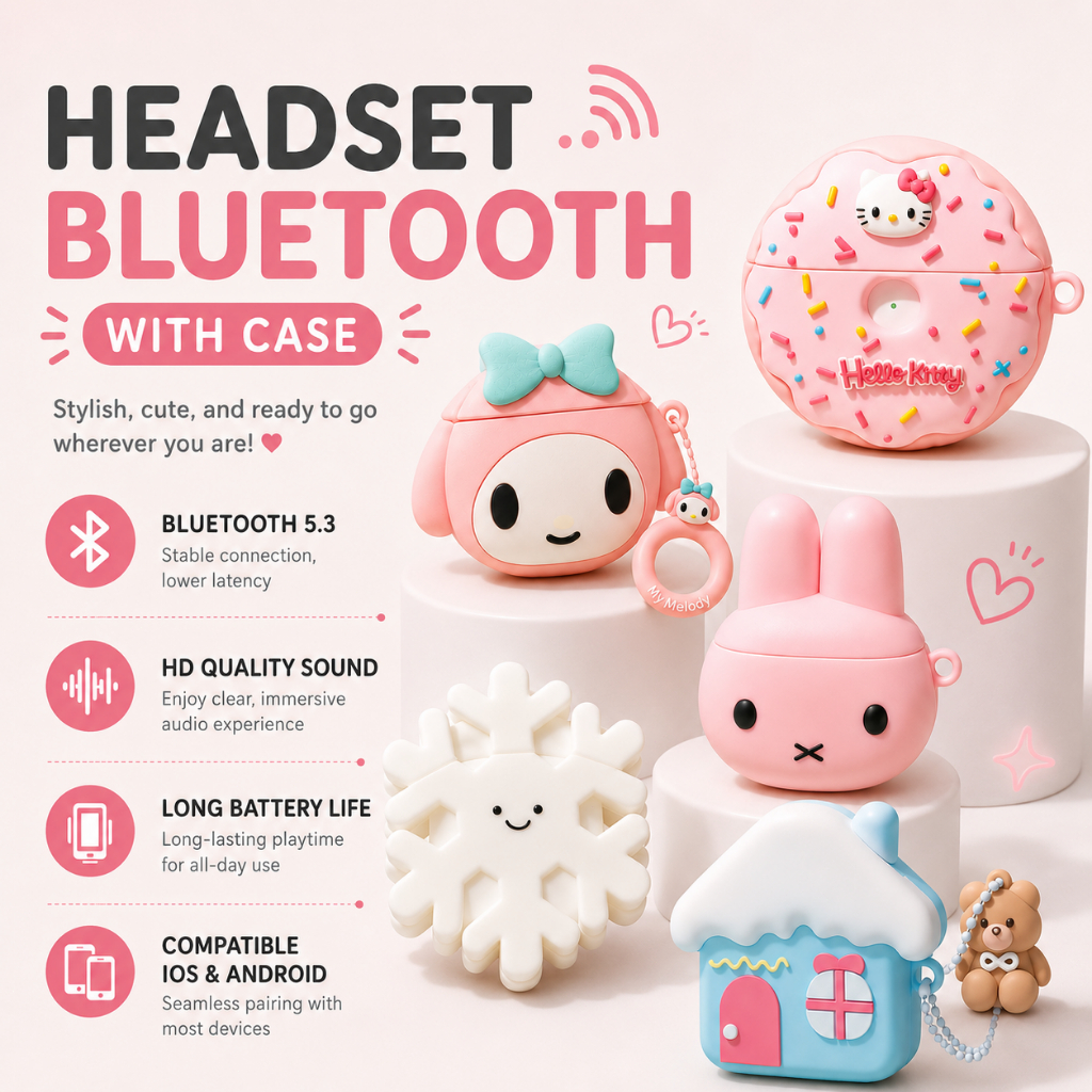 Headset Bluetooth i12 TWS – Earphone Bluetooth 5.3 dengan Case Kartun 3D Lucu Ver.4
