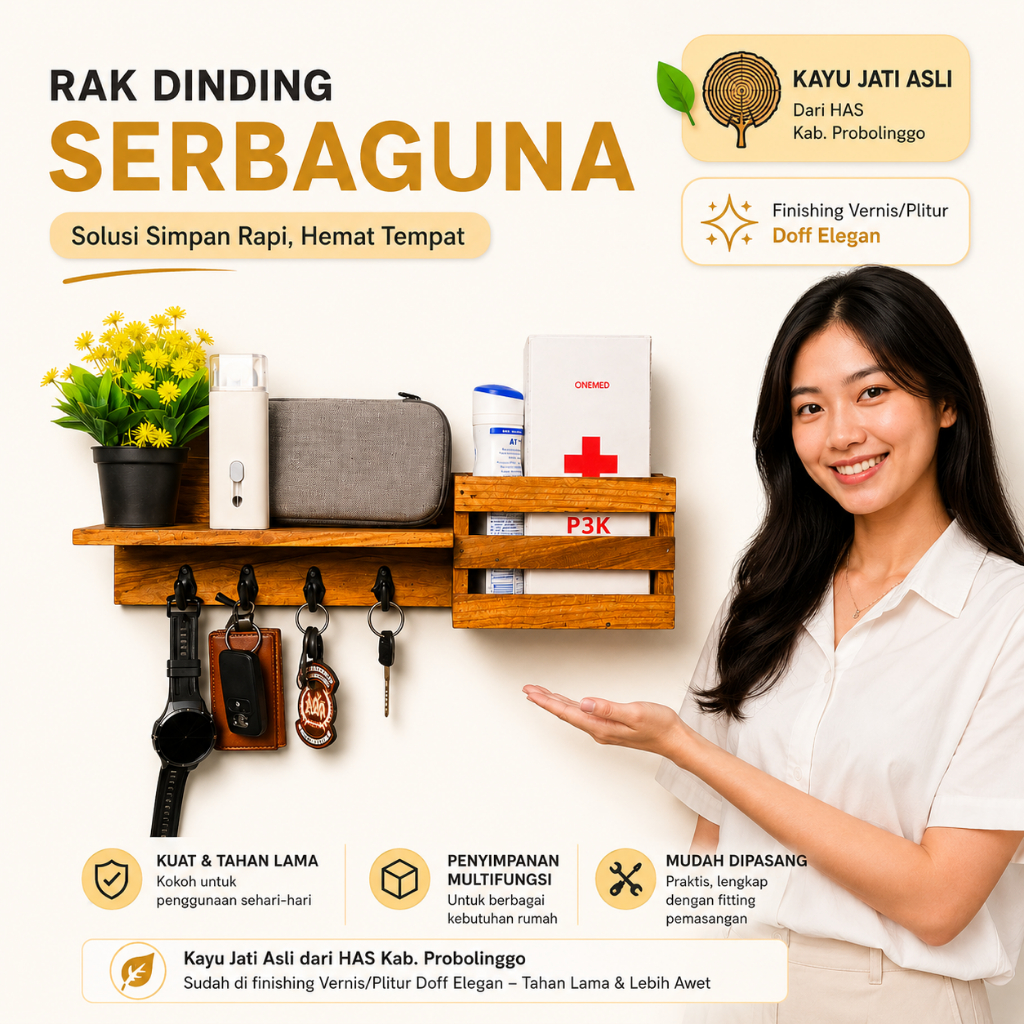 Rak Multifungsi Jati Asli Kab PLitur Doff Elegan. Probolinggo | Rak Dinding Kayu Jati Premium 4 Hook