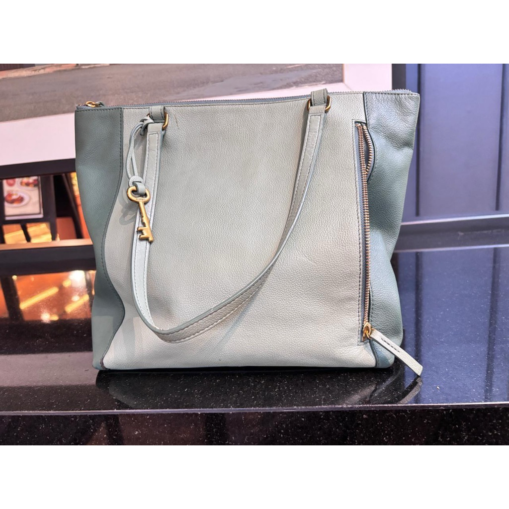 Tas Preloved Fossil Tote Bag Kulit Wanita Original Shoulder Bag Vintage Casual Grey Perforated