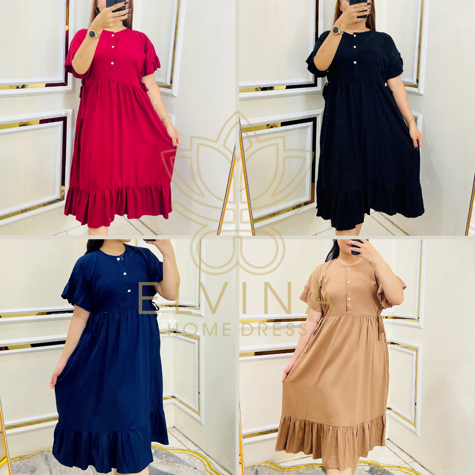 ELVINA Dress Ruffle Rayon Twill Polos Daster Kancing Rempel Rumbai Tali Samping Rample polos nyaman 