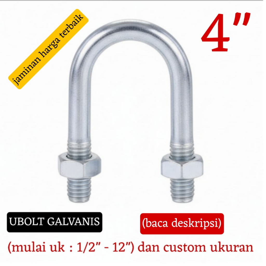 Ubolt 4" inch (galvanis) (termasuk 2 mur) / U bolt 4" inch - harga per pcs
