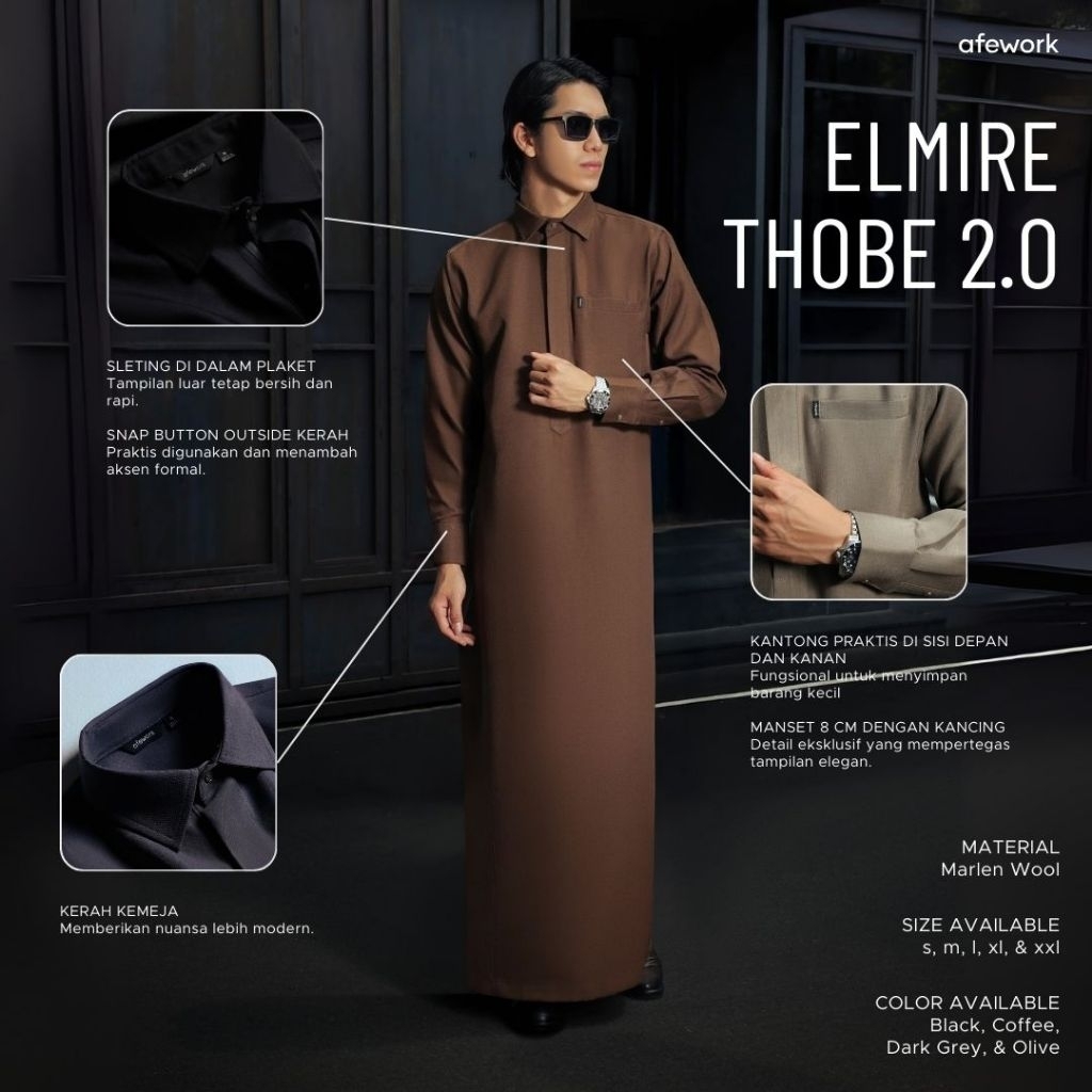 Jubah Pria | Elmire Thobe 2.0 | Jubah Ikhwan Modern | Baju Muslim Pria | Thobe Marlen Wool | Afework