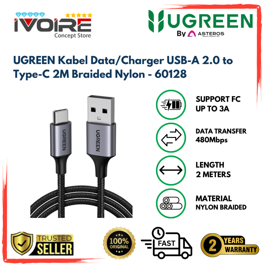 UGREEN Kabel Data/Charger USB-A 2.0 to Type-C 2M Braided Nylon - 60128