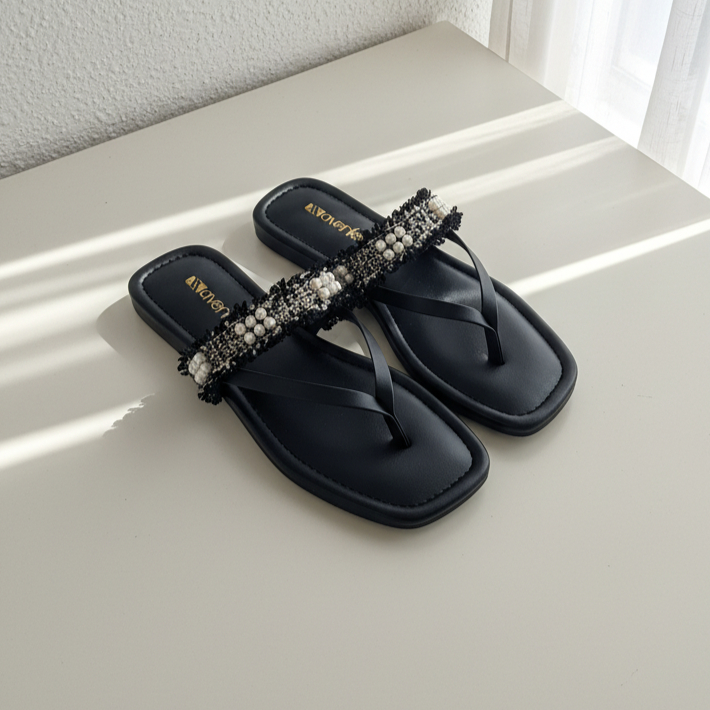 Avenlee Caren - Sandal Jepit Flat Wanita Renda Payet Mutiara Elegant Kekinian