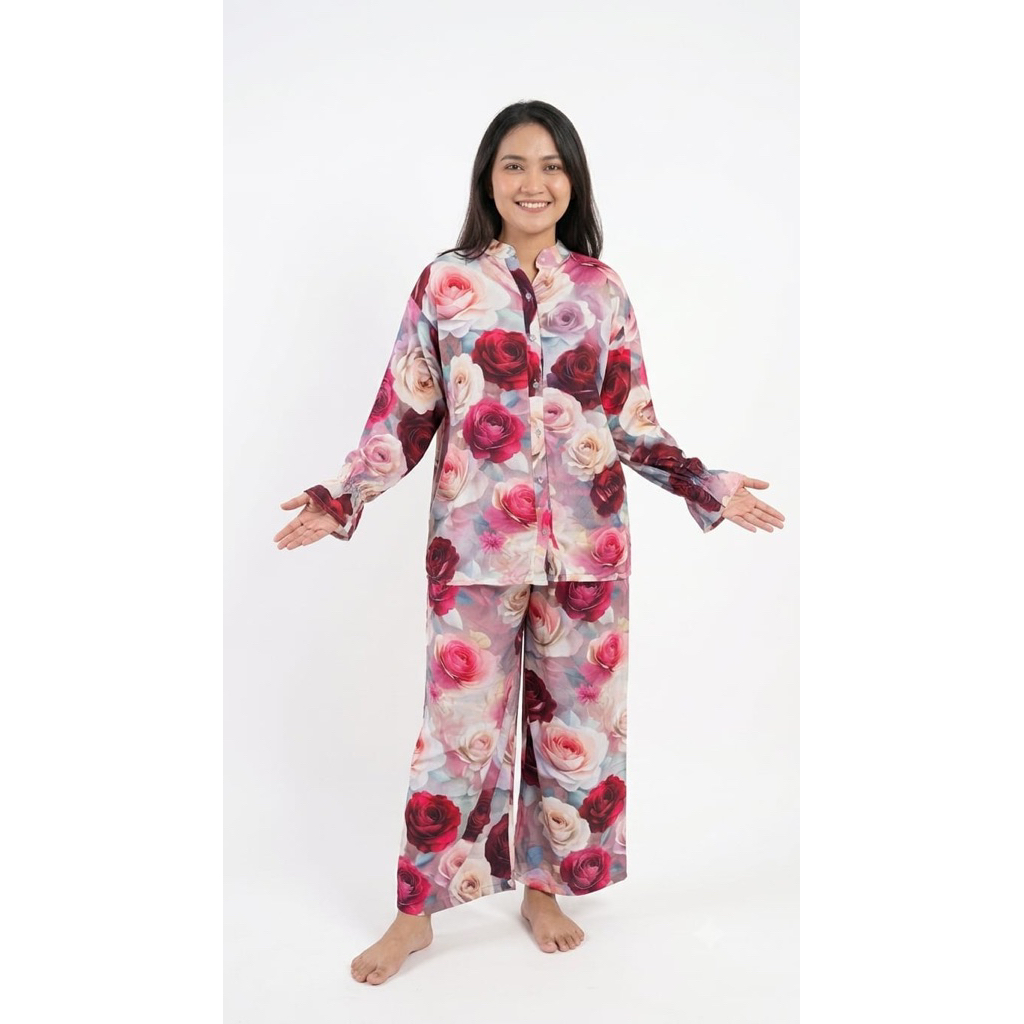 Set piyama lengan panjang karet jumbo celana kulot bahan katun rayon premium