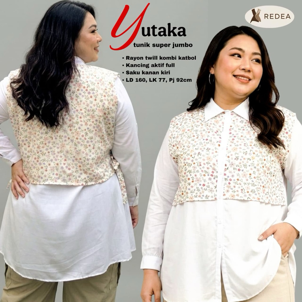 Atasan Wanita Muslimah Yutaka Jumbo Tunik Bahan Twill Kombi Katun Bolong Motif Bunga Allsize LD160