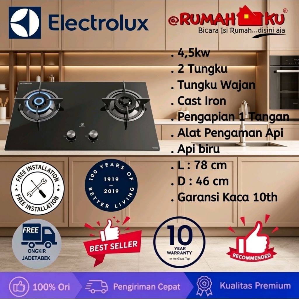 KOMPOR TANAM (STAND) ELECTROLUX EHG 7230 BE / EHG7230BE BUNNER KUNINGAN TEMPERD GLASS