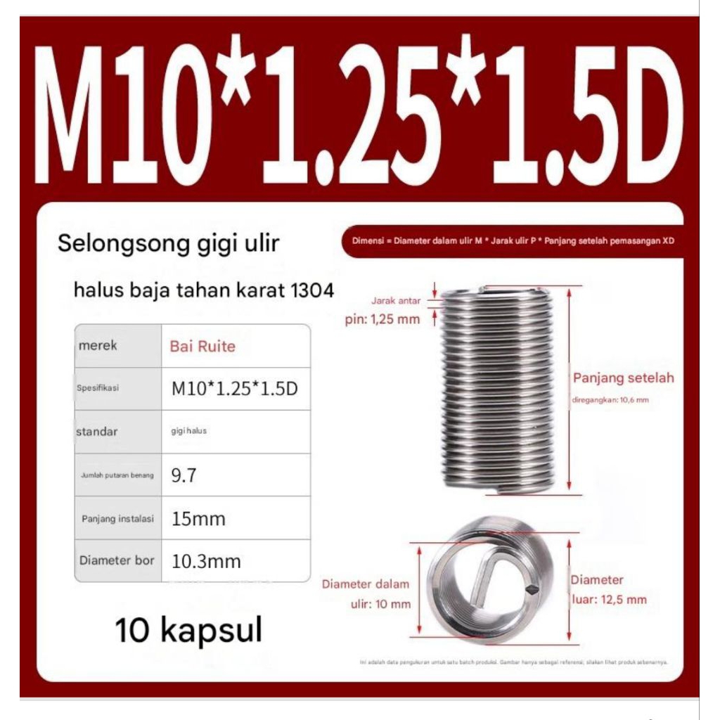 10 pcs Recoil helicoil M10×1.25 1.5D Cocok Untuk Baut 14 Drat Dol SLEK bukan baut 10 kunci 12