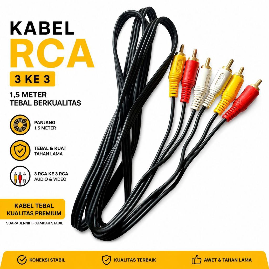 Kabel RCA 3 ke 3 Hitam dengan soket Merah Kuning Putih untuk Video Audio, barang tebal dan berkuatas