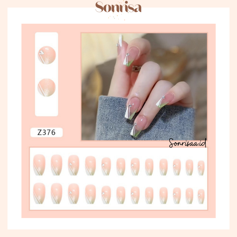 Kuku Palsu 3D Wedding Nails Elegant Hijau Transparan 24pcs (Z376) / Fake Nail / Kuku Palsu Pengantin