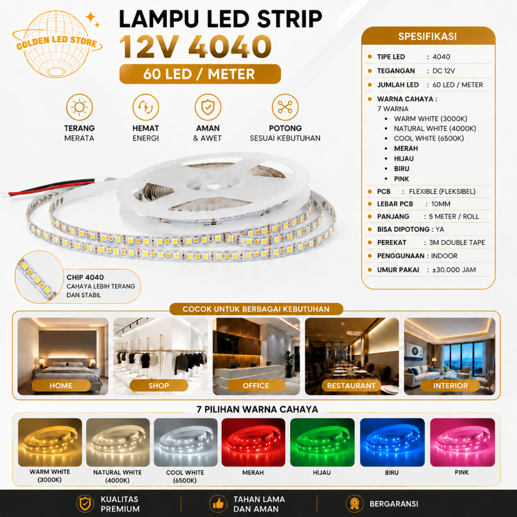 GLS - Lampu Led Strip 4040 DC 12 Volt IP33 Cocok Untuk Dekorasi Kamar, Etalase, Setup Gaming
