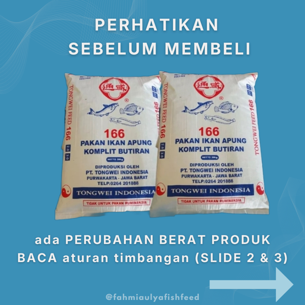 PAKAN IKAN MURAH TONGWEI 166-3 Pakan Ikan Lele Tinggi Protein 34% (PAKET 30 KG) Pakan Ikan Lele Prem