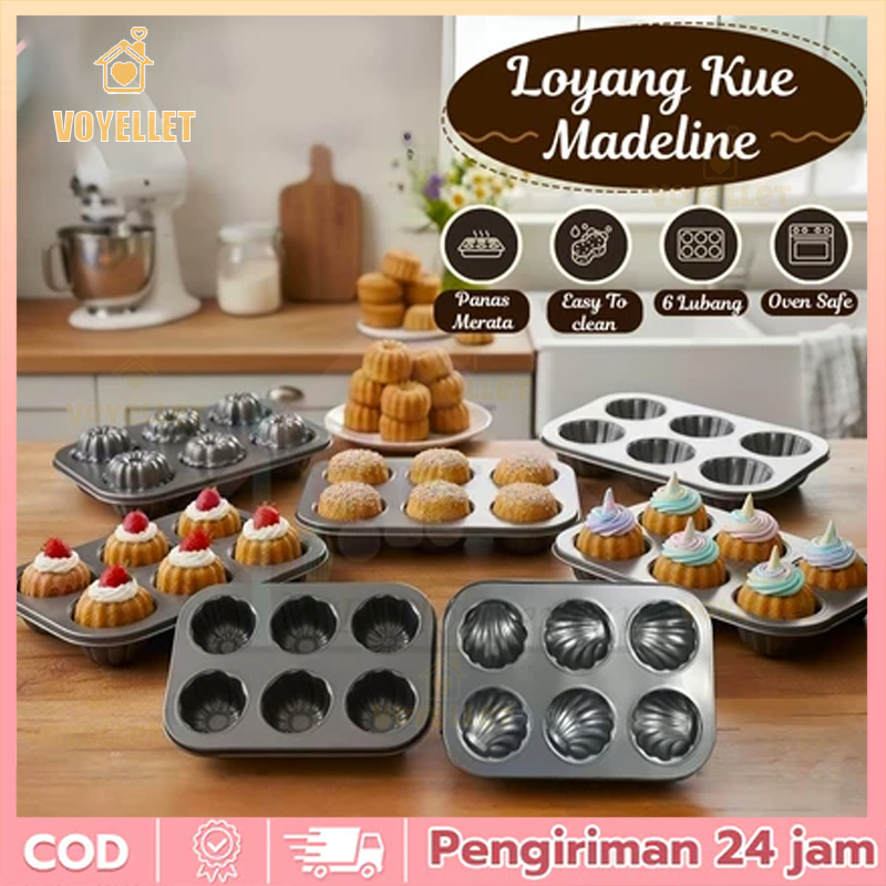 Voyellet Loyang Kue Madeleine 6 Lubang, Cetakan Muffin, Cup Cake, Cetakan Kue Kering, Roti, Peralata
