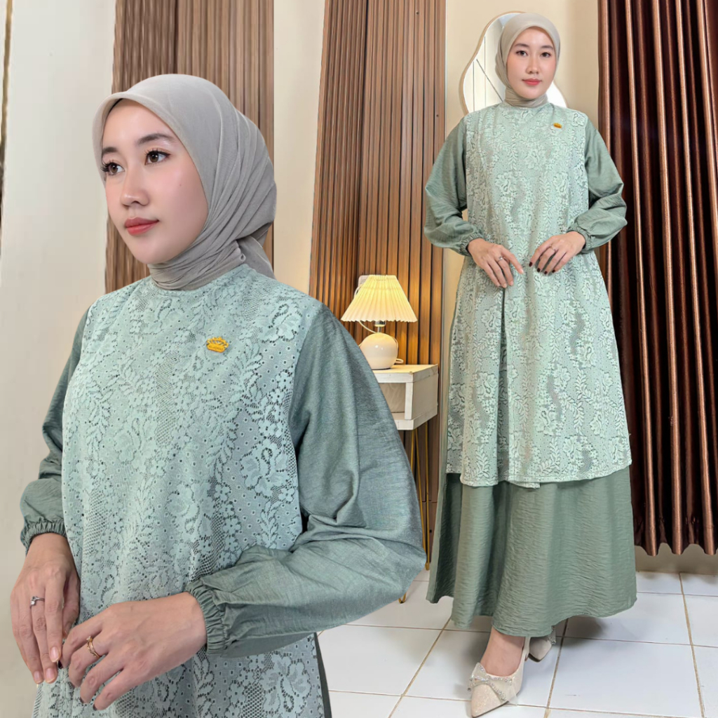 Dress Mix Brukat Tali Pinggang Busui Saku Kanan Kain Polo Linen Gamis Muslim Kombinasi Nyaman