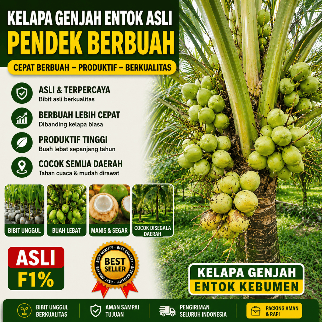 JAMIN ASLI.. Bibit Pohon Kelapa Genjah Entok Asli F1 Kebumen, Bibit Benih Kelapa Genjah Hijau Besar 