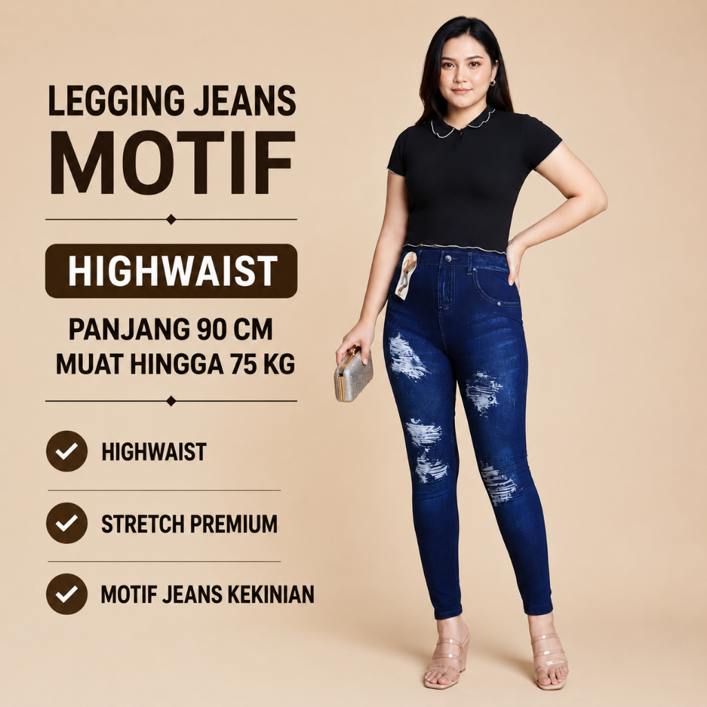 Legging Jeans Wanita  Motif Sobek Up Jumbo