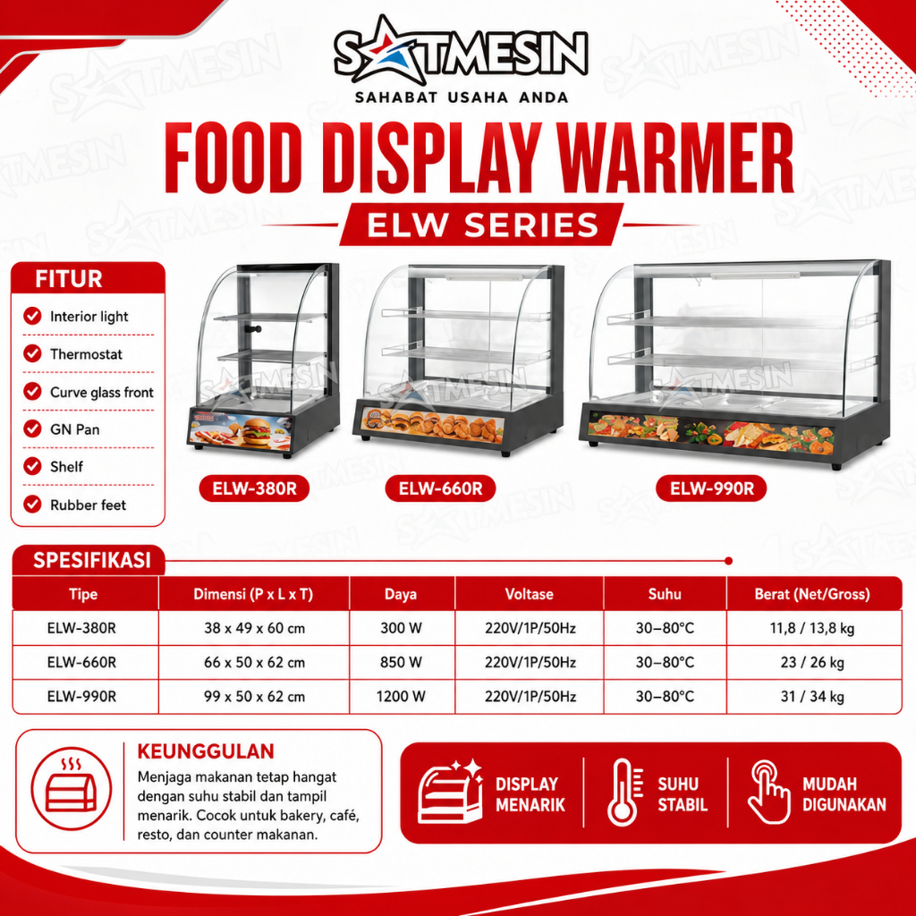Satmesin ELW-660R Etalase Penghangat Makanan Food Warmer Display Roti Kue Snack untuk Bakery Cafe Re