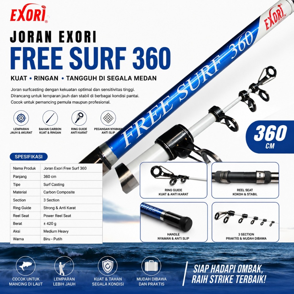 Joran Pancing Exori Free Surf 360 | Joran Pancing Surf Casting Rod 360cm Medium Heavy | Strong Guide
