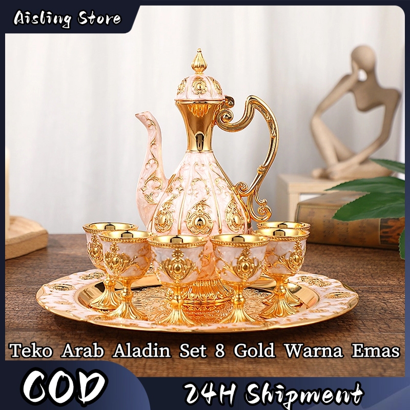 Set Teko Arab Aladin 8 Pcs Warna Emas Ornamen Mewah dengan Nampan & Gelas Anggur Bentuk Labu Bahan P