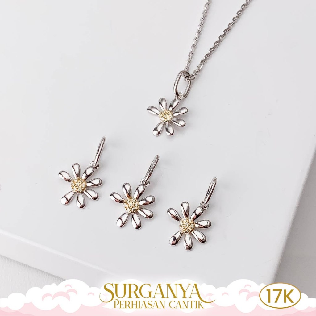 Liontin Emas Putih Kadar 17K Model Sunflower Macan Gold