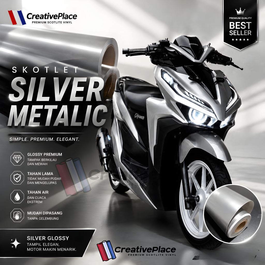 Sticker Skotlet Motor Warna Silver Candy Metalik Premium Lentur Kuat Dan Tidak Merusak Body Scotlite