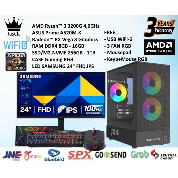 PC Komputer Fullset RYZEN 3 3200G 4,0GHz|mobo ASUS|RAM 16GB|NVME 1TB|Monitor 24"Samsung|Keyboard+Mou