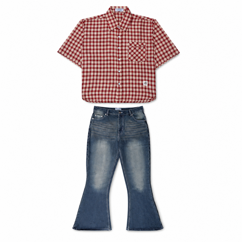 Onlyifyouknow Bundling Set - Boxy Plaid Shirt Red & Wide Flare Denim Pants Vintage Washed