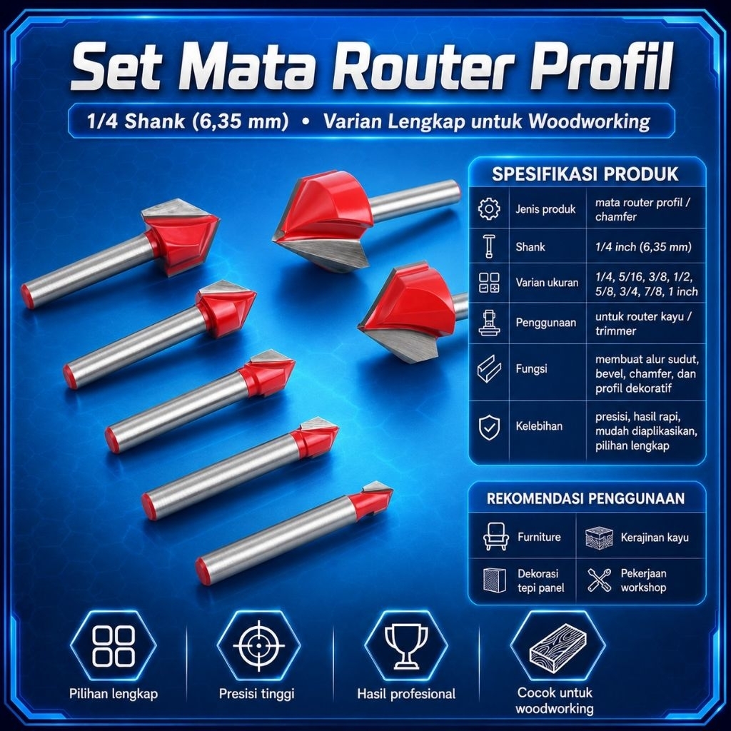 Mata Profil Kayu Mata Router V Grooving Bit Shank 1/4 crew