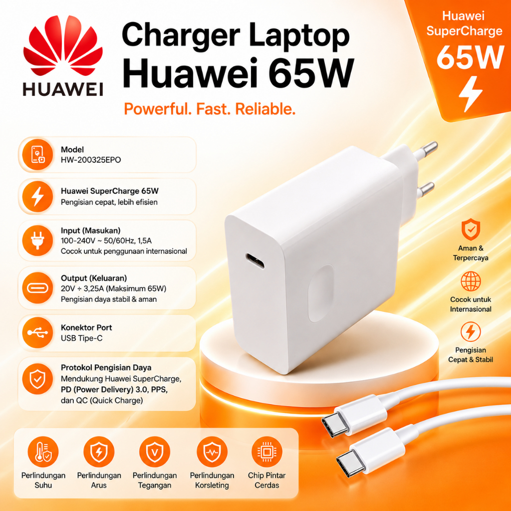 Charger Laptop Huawei USB-C 65 Watt Fast Charging untuk Laptop Huawei D14/D15