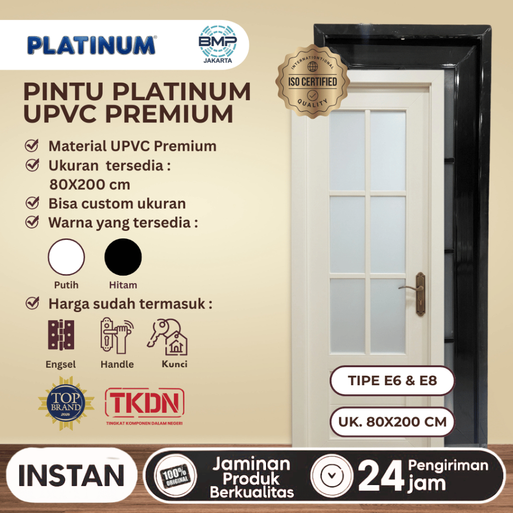 Pintu Kamar Minimalis UPVC 80x200 cm Tipe E6& E8 Anti Air & Anti Rayap Full Set