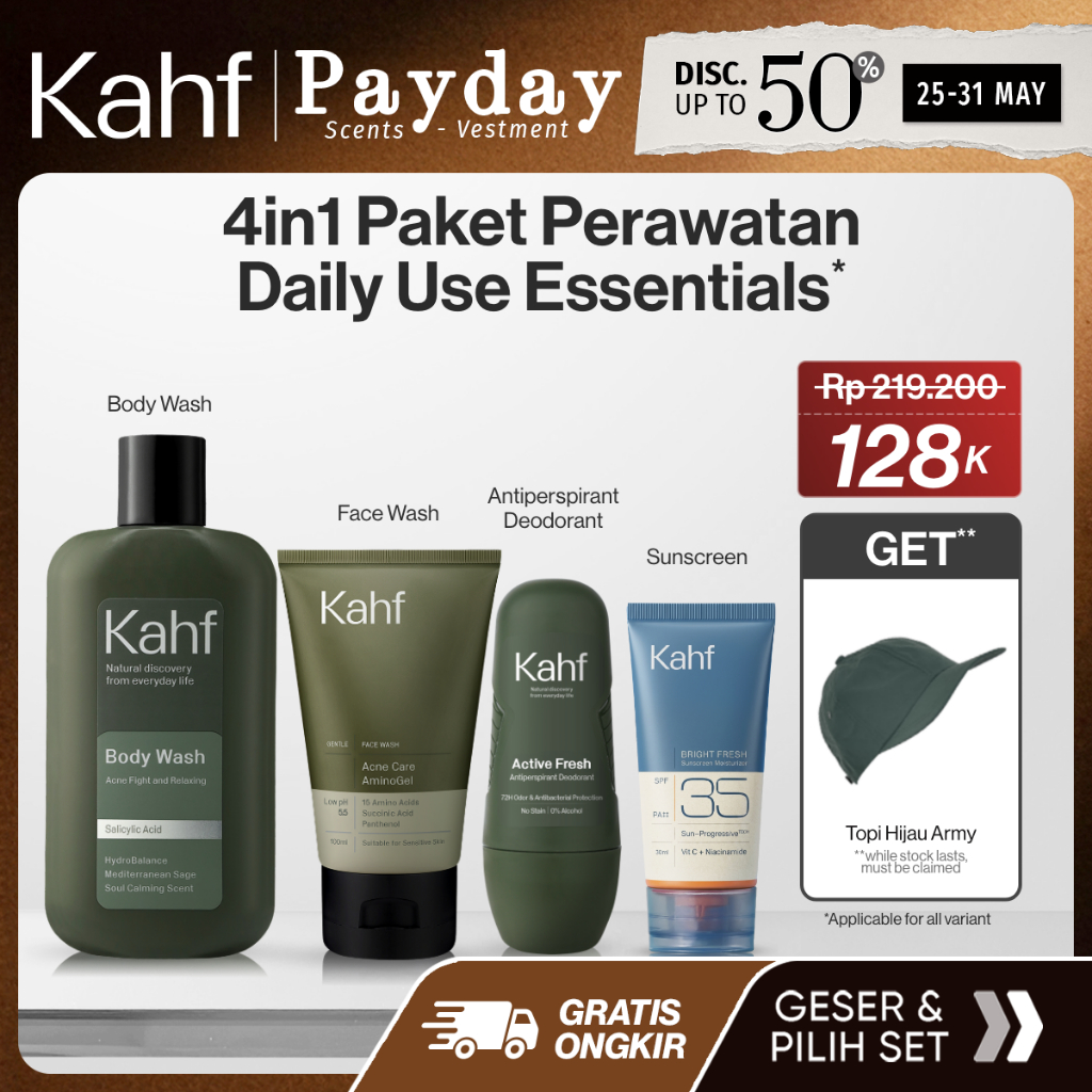 [KAHF BUNDLE 4IN1 PAKET PERAWATAN DAILY USE ESSENTIALS] Paket Personal Care (Face Wash + Sunscreen M
