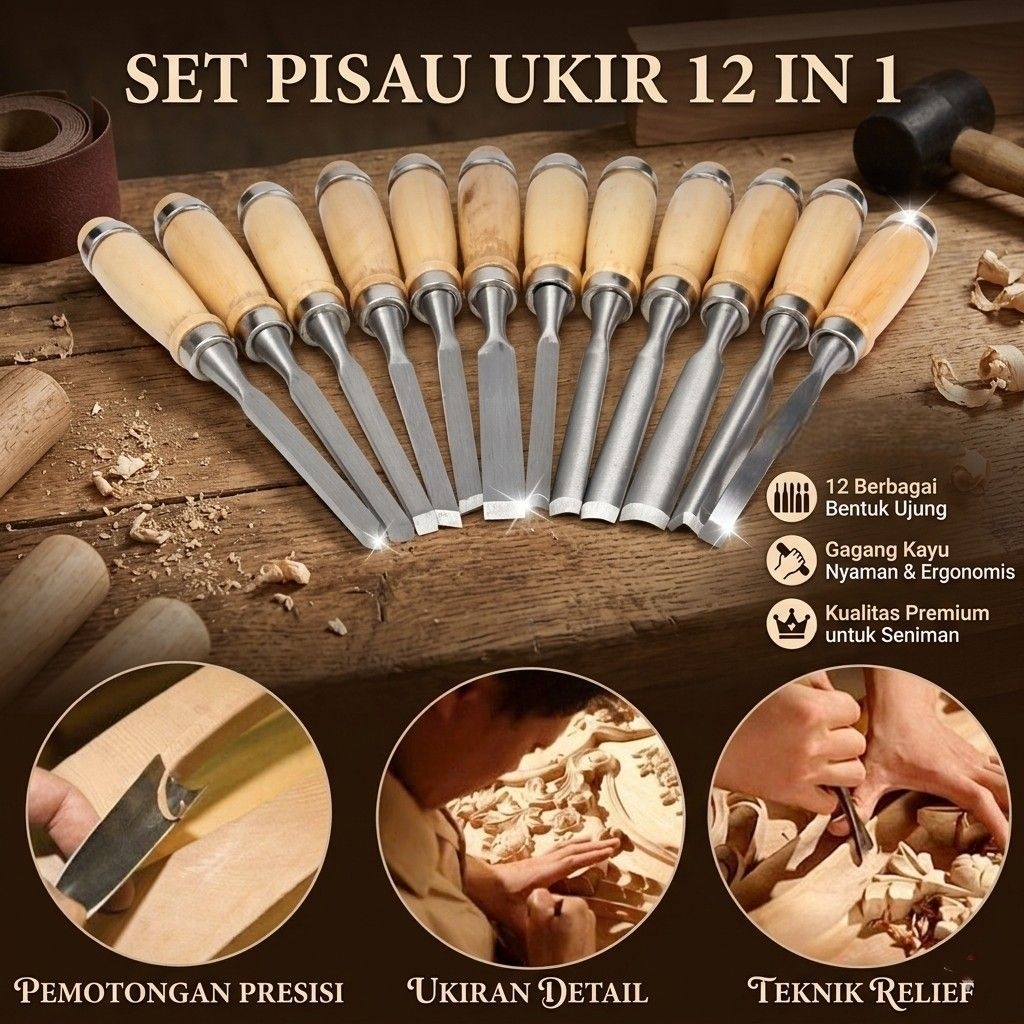 Set 12pcs Alat Pisau Kerajinan Ukir Tatah Kayu Pisau Pahat Bubut Kayu